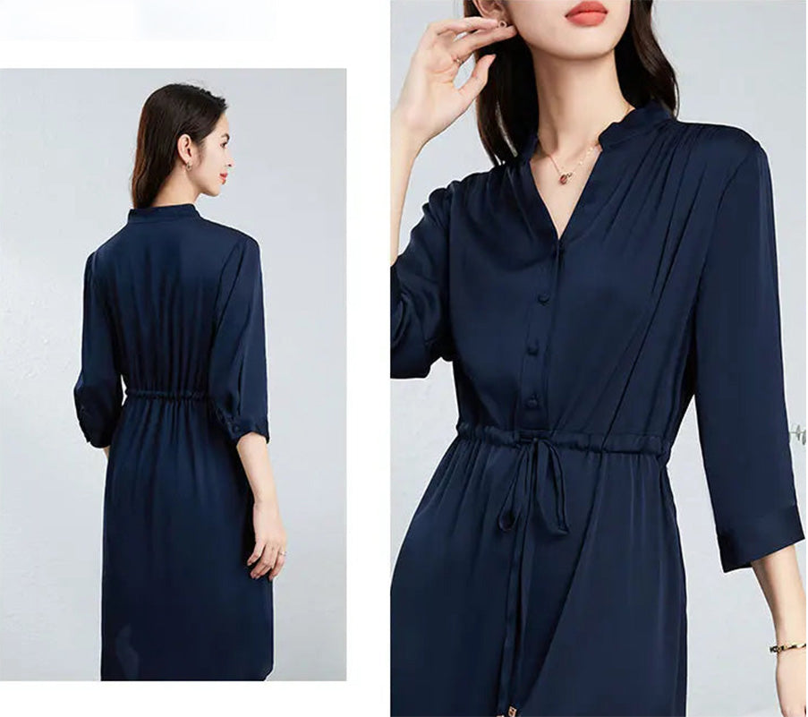 A professional collage showing both the front and back views of a woman wearing the draping silk dress. — From Borcelleclothes.
