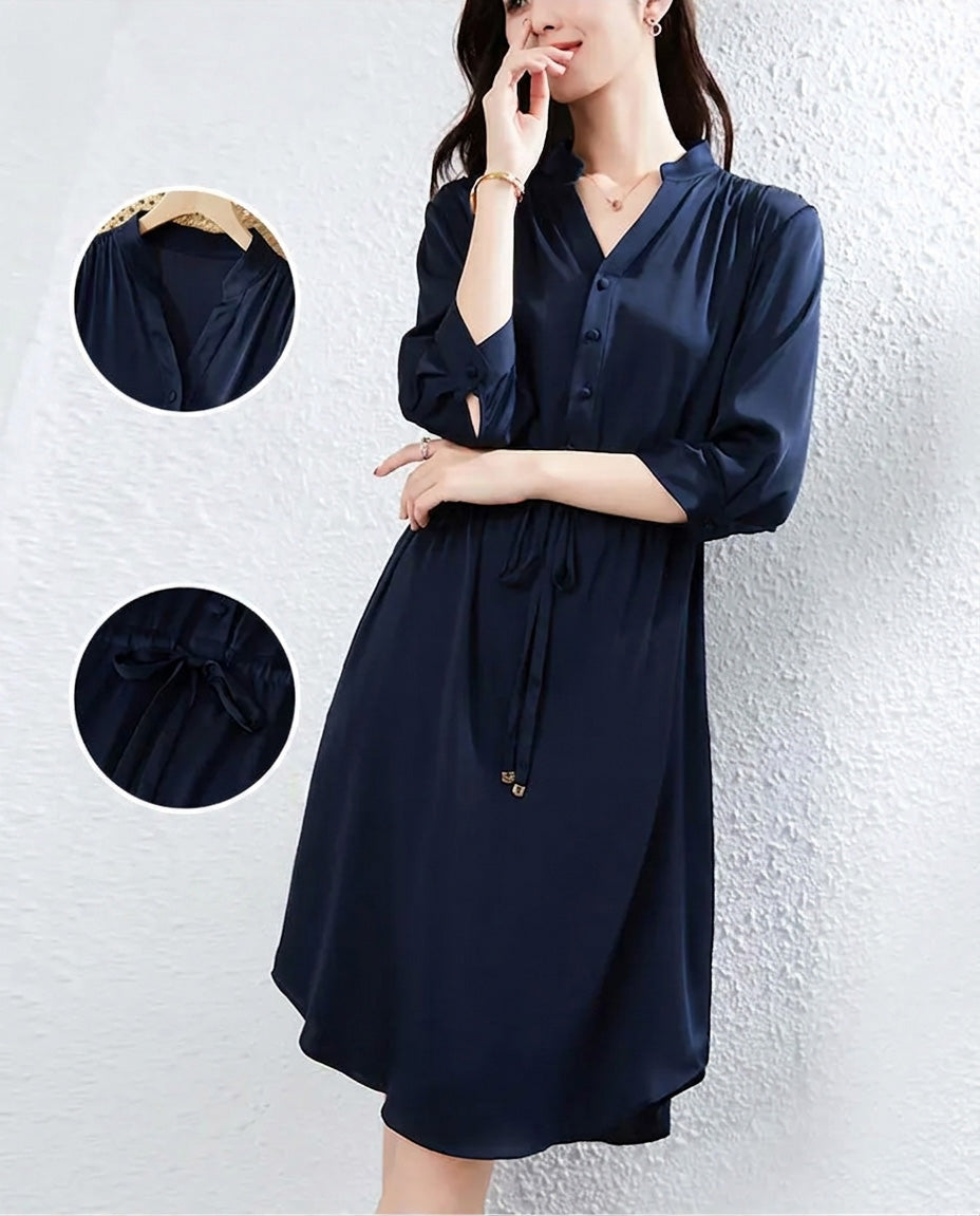 A collage featuring a woman in the dress and close-ups of the gathered shoulders and silk drawstring waist. — From Borcelleclothes.