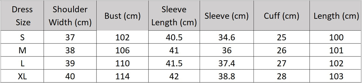Women's size chart for a Double georgette silk dress with a curved high-low hem, stand-up collar, and drawstring waist creating fluid drapes. — From Borcelleclothes.