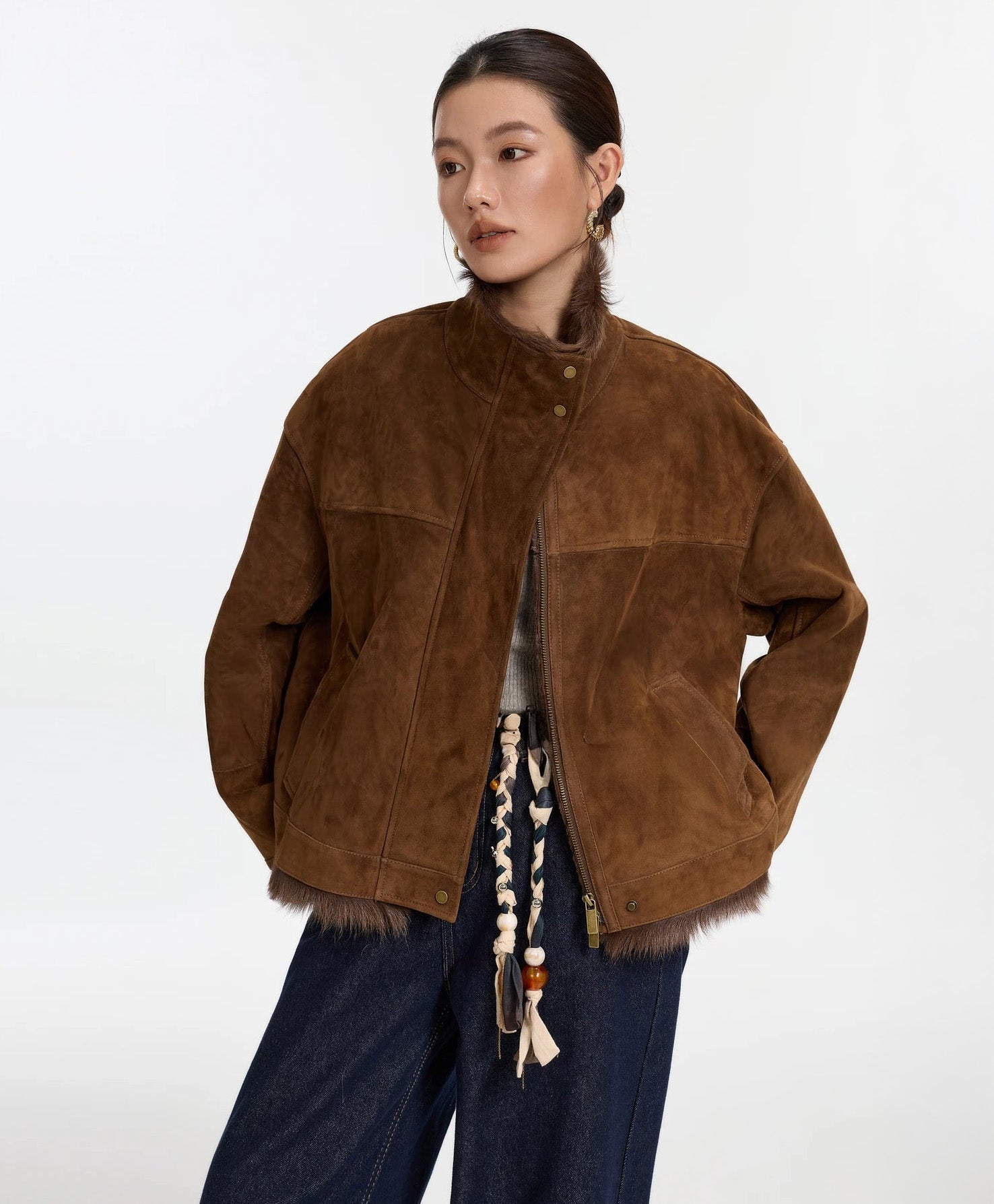 Dark Rum Goatskin jacket, worn open, model with hands behind back — From Borcelleclothes.