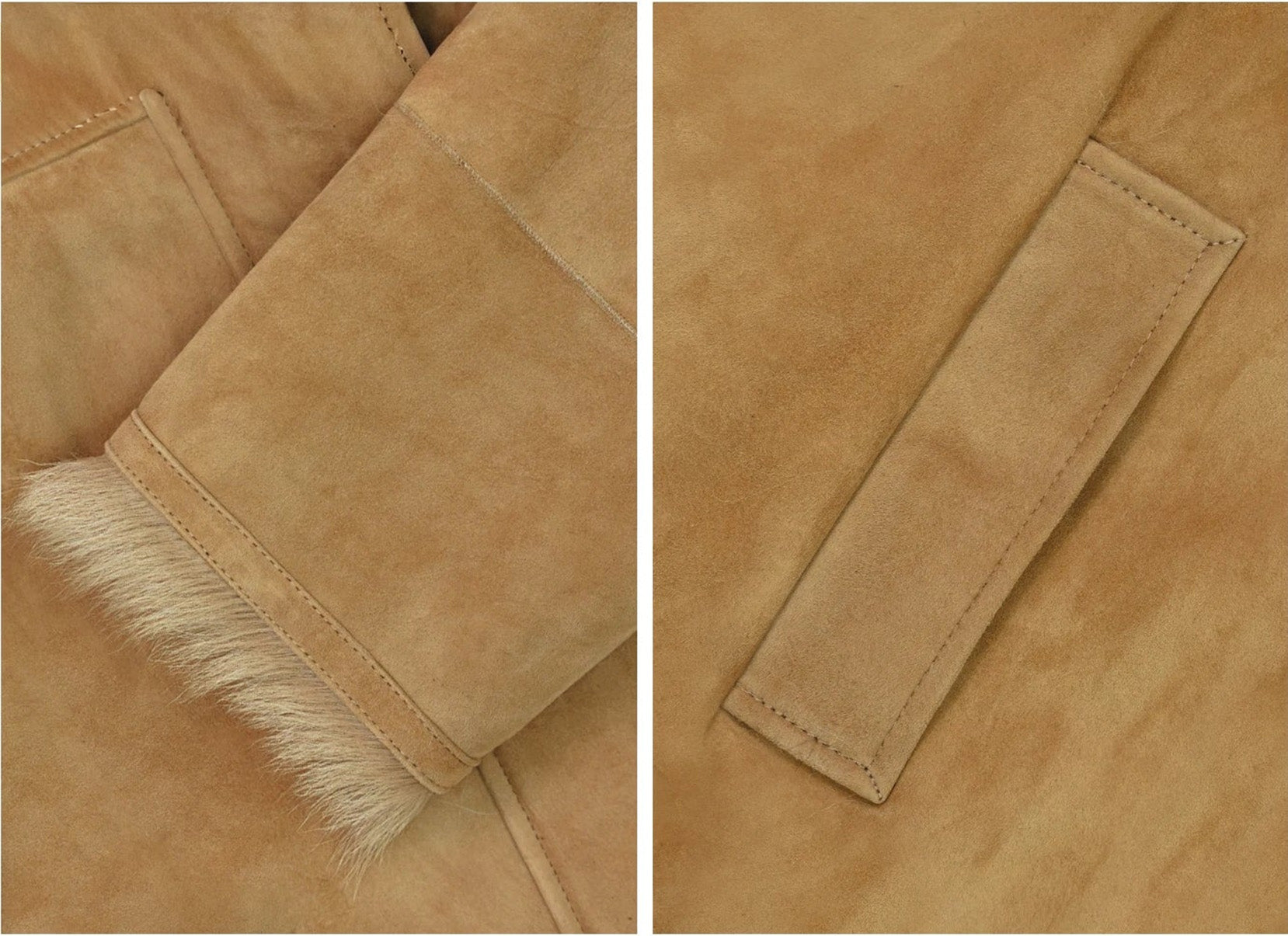 Collage showing cuff, exposed wool trim, and side pocket on Late Wheat goatskin jacket — From Borcelleclothes.