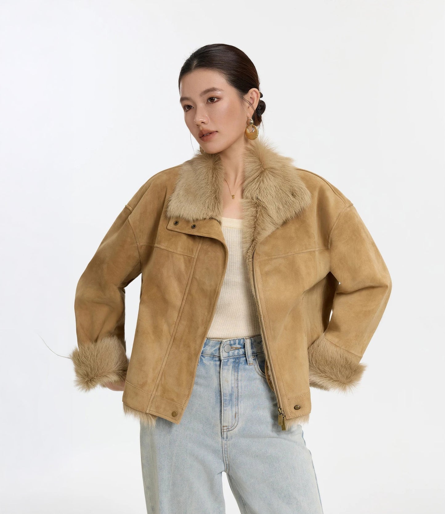 Unzipped Goatskin jacket in Late Wheat, model with hands on hips — From Borcelleclothes.