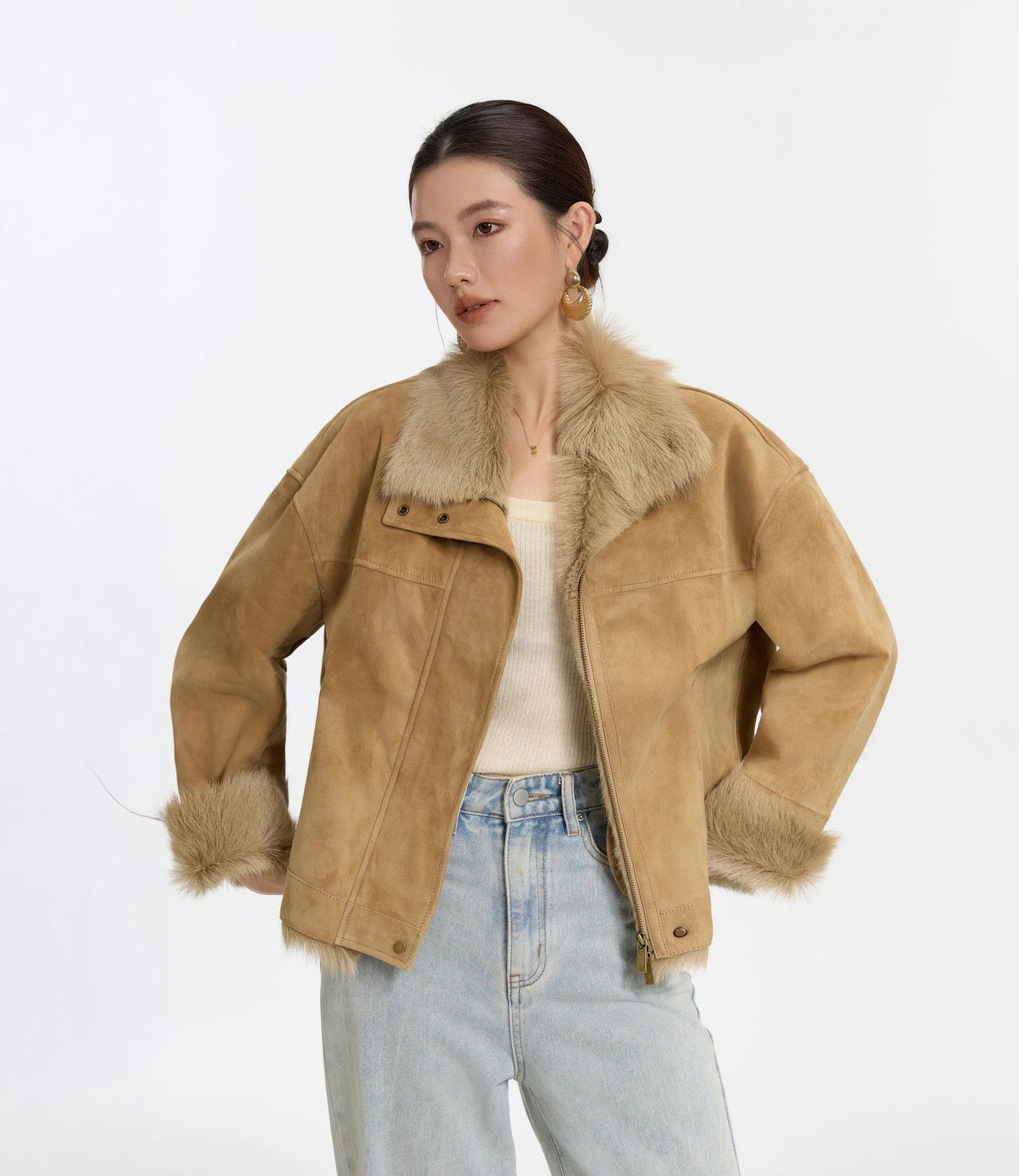 Unzipped Goatskin jacket in Late Wheat, model with hands on hips — From Borcelleclothes.