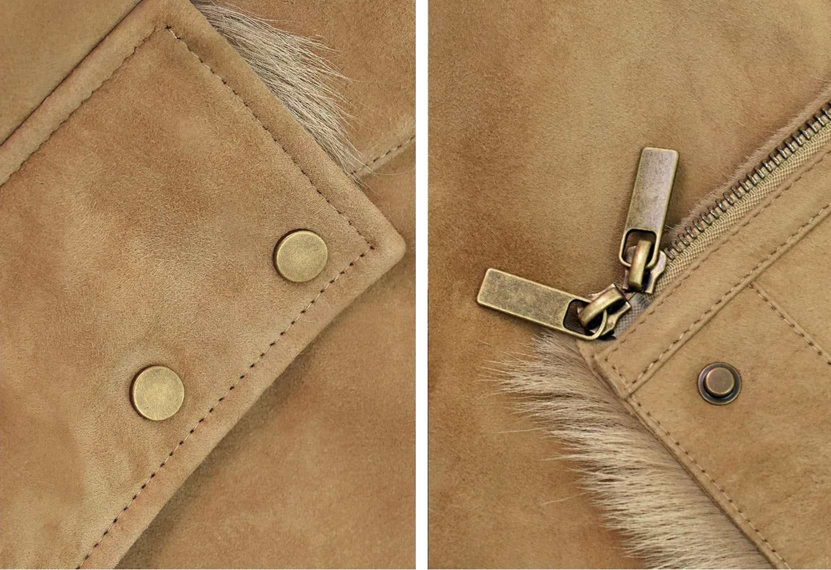 Collage of front placket, two-way metal zipper, and hem finish on Goatskin jacket in Late Wheat — From Borcelleclothes.