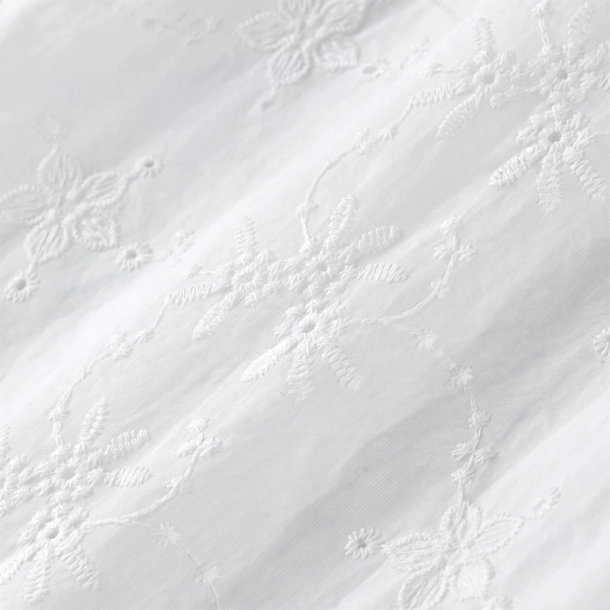 Close-up macro shot of the premium 100% matte cotton fabric revealing the intricate Madeira floral eyelet embroidery — From Borcelleclothes.