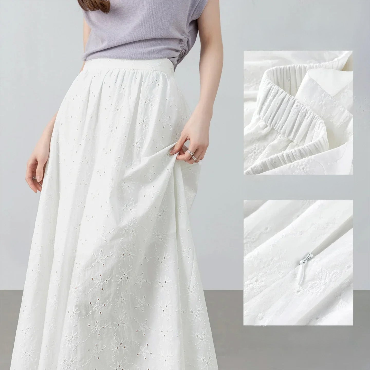 Detailed product collage highlighting the gathered elasticated waistband and the side invisible zipper closure — From Borcelleclothes.