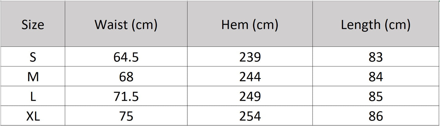 Women's size chart for a midi-length gathered cotton skirt in Perforated Anticipation shade, featuring intricate Madeira floral eyelet embroidery and a back elasticated waistband. — From Borcelleclothes.