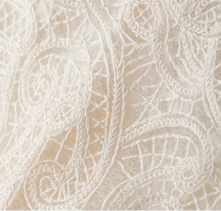 Close-up of the twisting branches of the bourdon on the Memory Overload lace, showing the relief of 100% cotton thread. — From Borcelleclothes.
