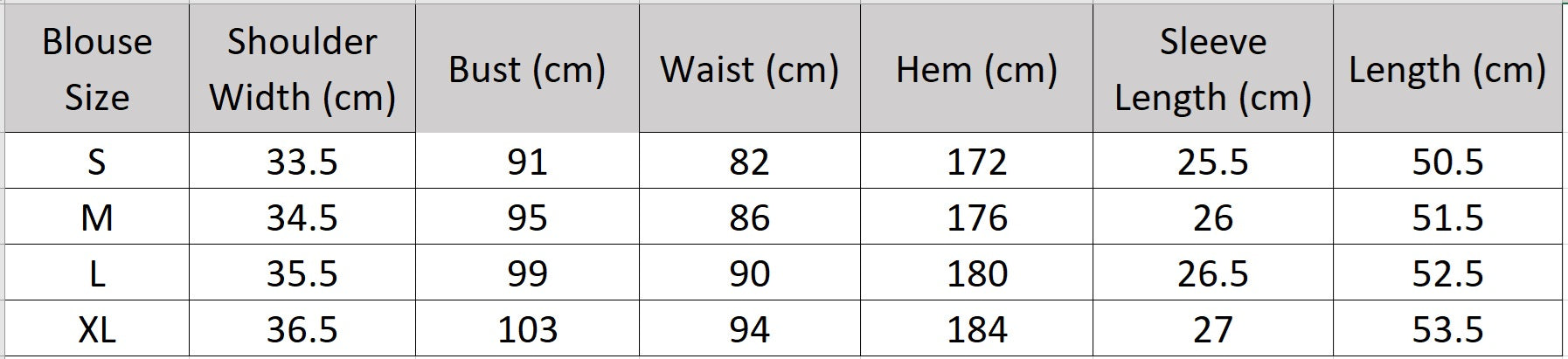 Detailed size chart for the embroidered blouse with measurements in centimeters for a precise tailored fit. — From Borcelleclothes.