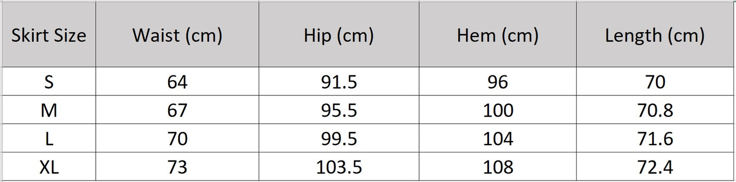 Skirt size table showing waist, hip, and length measurements for the Memory Overload collection. — From Borcelleclothes.