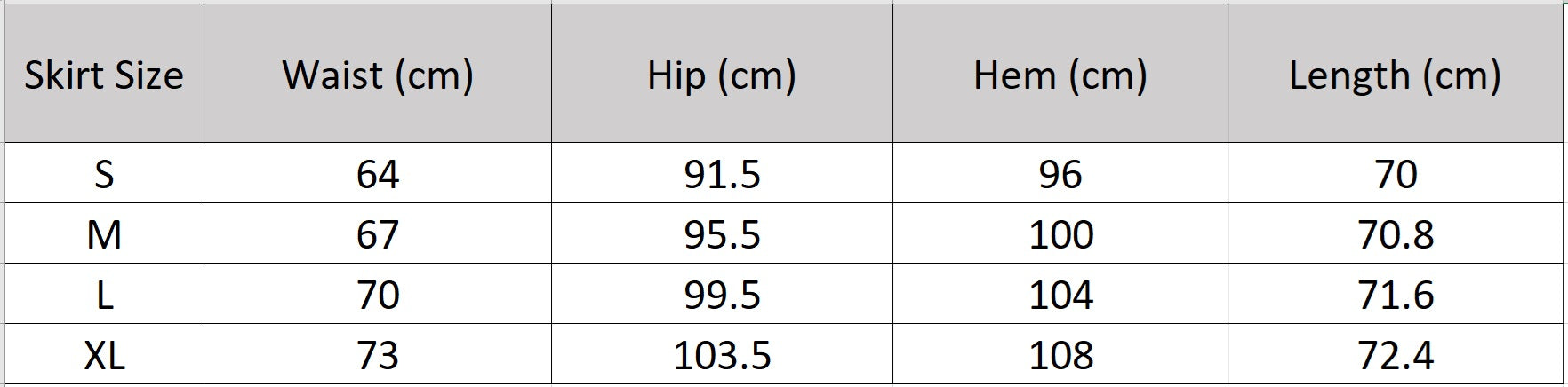 Skirt size table showing waist, hip, and length measurements for the Memory Overload collection. — From Borcelleclothes.