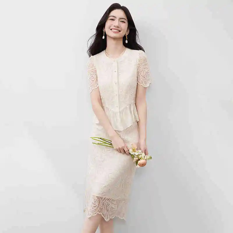 Women's two-piece set in Memory Overload color, featuring a lace-embroidered vest-style top with a transparent peplum and a matching midi pencil skirt with a back vent. — From Borcelleclothes.
