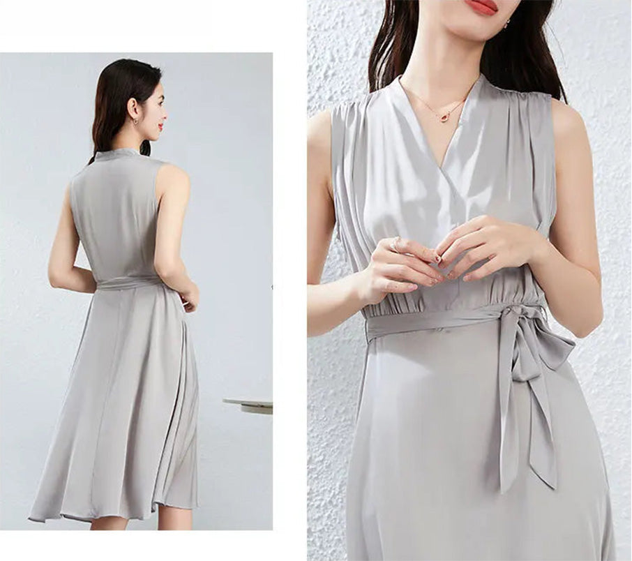 A detailed view showing both the clean-front bodice and the darted back of the silk dress on the model — From Borcelleclothes.