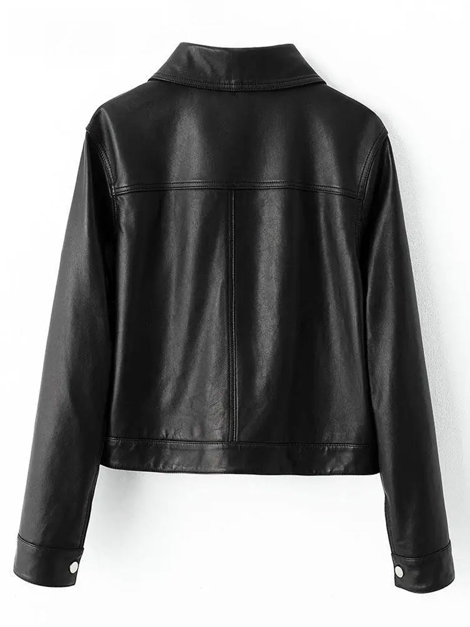 Back flat lay view of the cropped sheepskin jacket in Faded to Black — From Borcelleclothes.