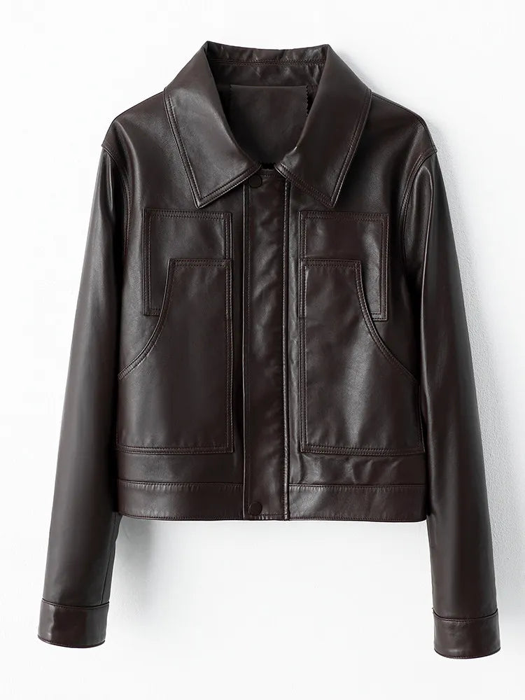 Front flat lay view of the women's cropped sheepskin jacket in Rich Juniper — From Borcelleclothes.