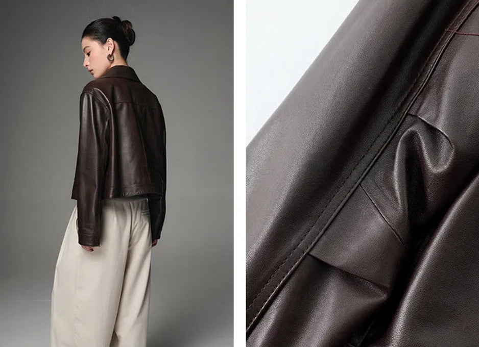 Detail collage highlighting the back yoke alignment and sleeve cuff pleats on the Rich Juniper jacket — From Borcelleclothes.
