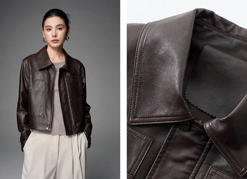 Detail collage highlighting the sharp-pointed collar and neckline construction of the Rich Juniper jacket — From Borcelleclothes.