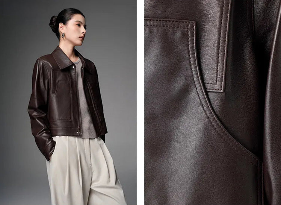 Detail collage showing the fine grain texture and curved patch pocket construction in Rich Juniper — From Borcelleclothes.