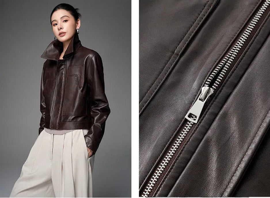Detail collage focusing on the front zipper puller and snapped placket on the Rich Juniper jacket — From Borcelleclothes.