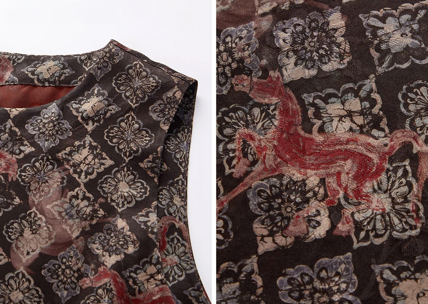 Detailed collage showcasing the armhole tailoring, jacquard weave texture, and fire steed artwork — From Borcelleclothes.