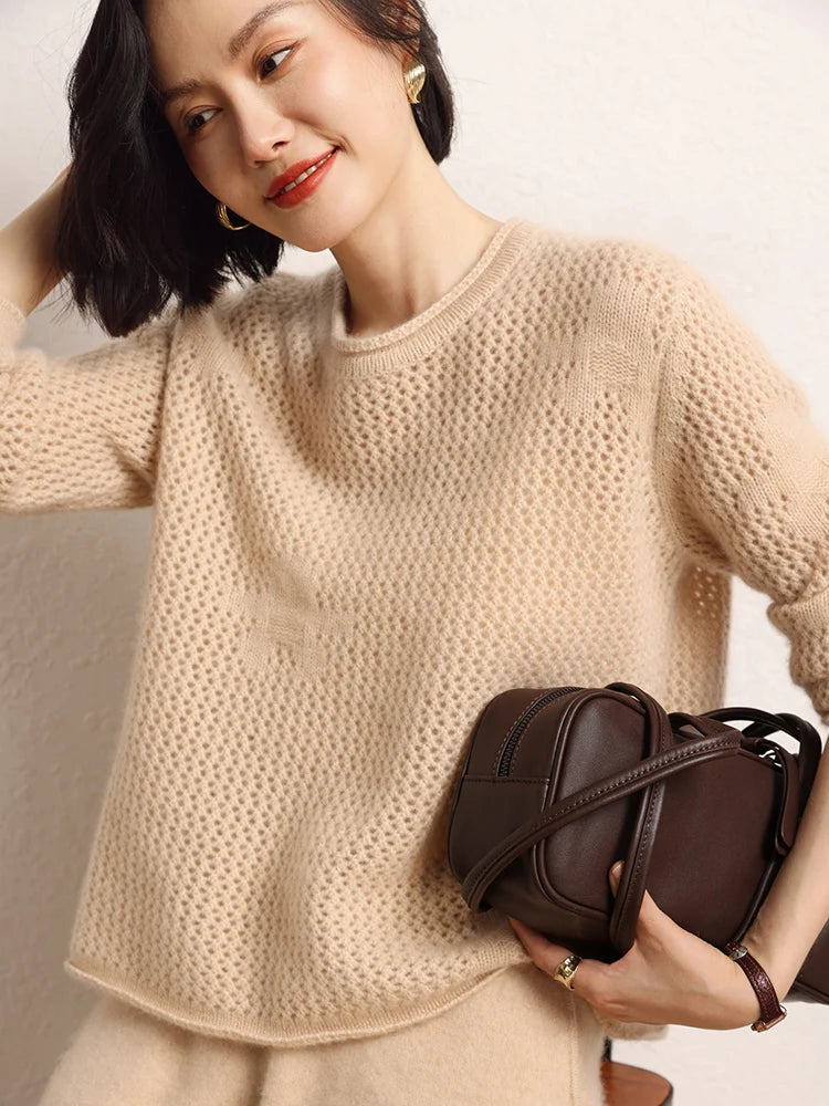 Model in Brandy floral lace cashmere sweater adjusting her hair — From Borcelleclothes.