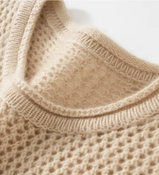 Neckline in false rib and soft rolled stockinette on the Brandy floral lace cashmere sweater — From Borcelleclothes.