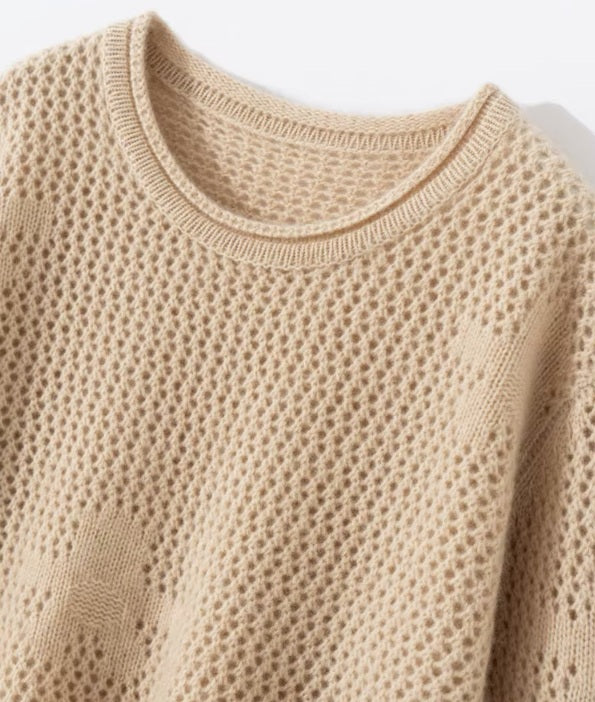 Upper part of the Brandy floral lace cashmere sweater with dropped shoulders and floral mesh — From Borcelleclothes.