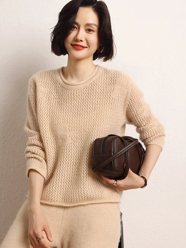 Women’s thread lace cashmere sweater with integrated floral pattern, rolled neckline, and double-layered ribbed edges — shown in Brandy.  From Borcelleclothes.