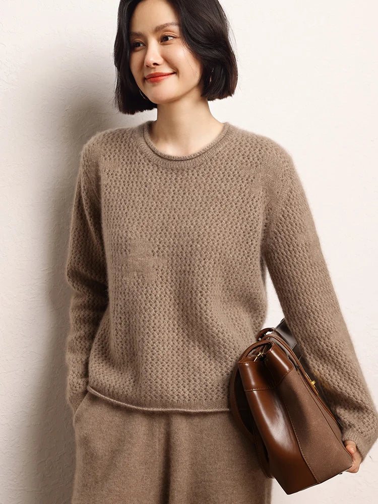 Women’s thread lace cashmere sweater with integrated floral pattern, rolled neckline, and double-layered ribbed edges — shown in Light Taupe.  From Borcelleclothes.