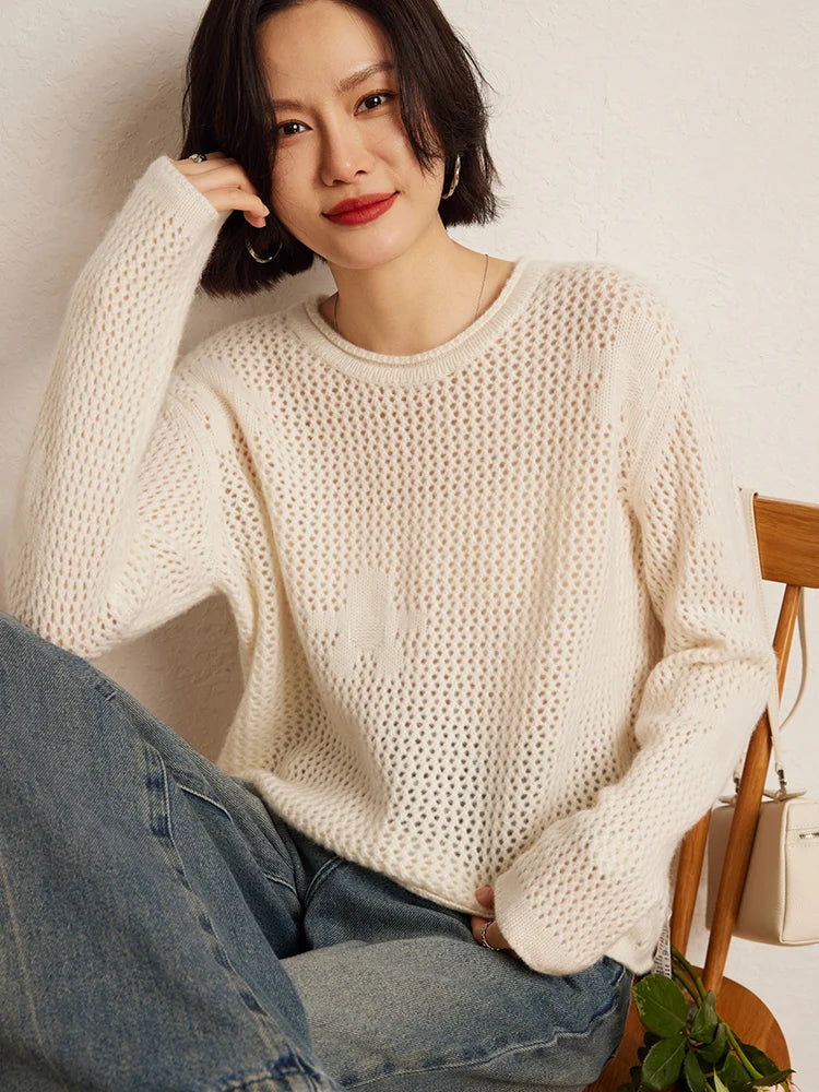 Model in Pearl Bush floral lace cashmere sweater, seated with relaxed posture — From Borcelleclothes.