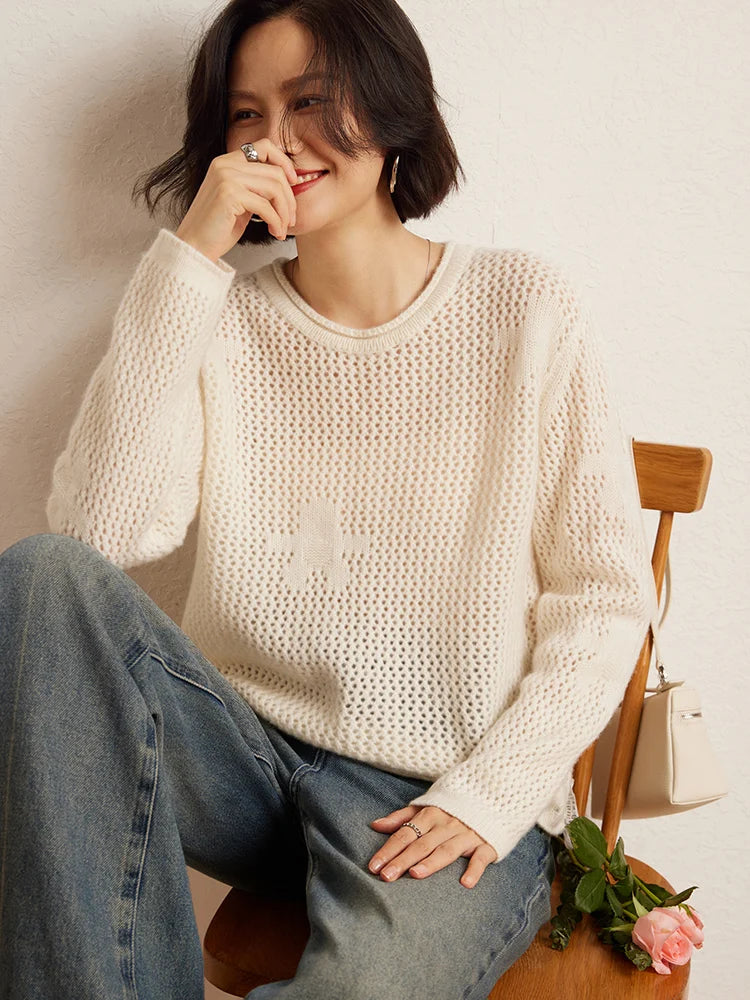 Women’s thread lace cashmere sweater with integrated floral pattern, rolled neckline, and double-layered ribbed edges — shown in Pearl Bush.  From Borcelleclothes.