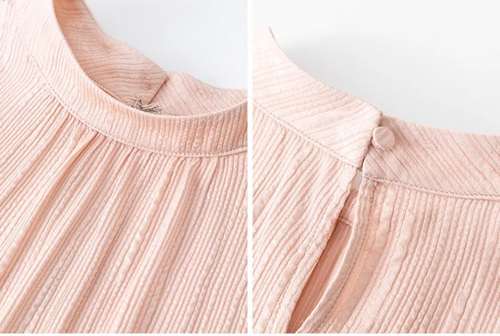 Collage showing front and back collar design on pink fluted silk blouse by Borcelleclothes.
