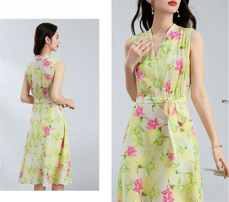 Collage showing a woman from the front and back in the Magnolia in May silk midi dress, highlighting the complete silhouette and fit — From Borcelleclothes.