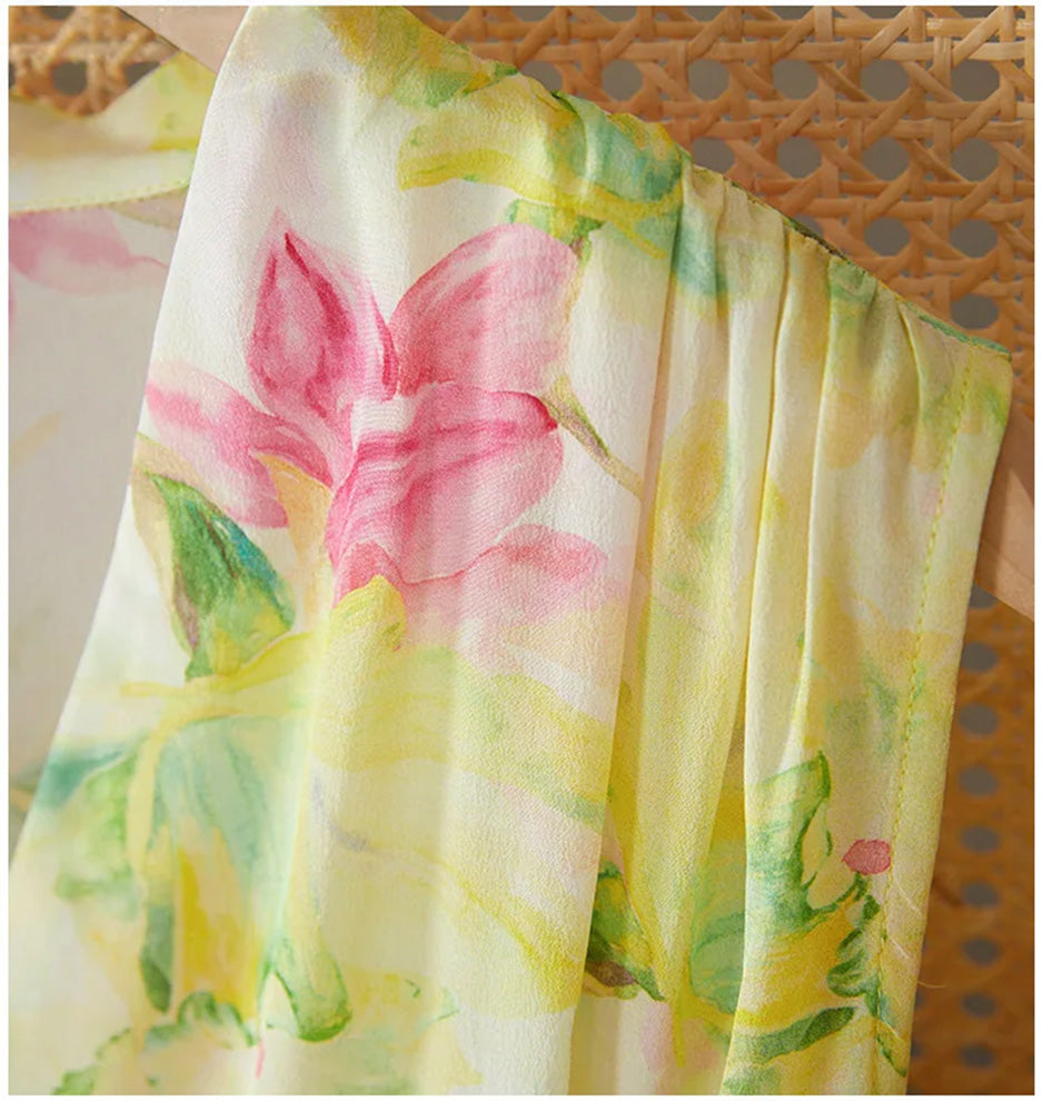 Close-up of the shoulder structure and peripheral draping on the Magnolia in May silk dress — From Borcelleclothes.