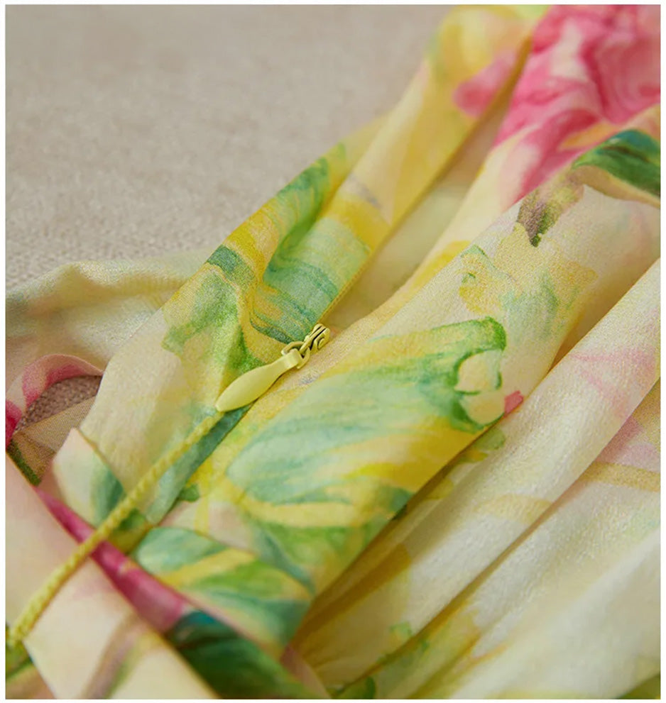 Detailed view of the discreet, partially unzipped side zipper on the Magnolia in May silk dress — From Borcelleclothes.