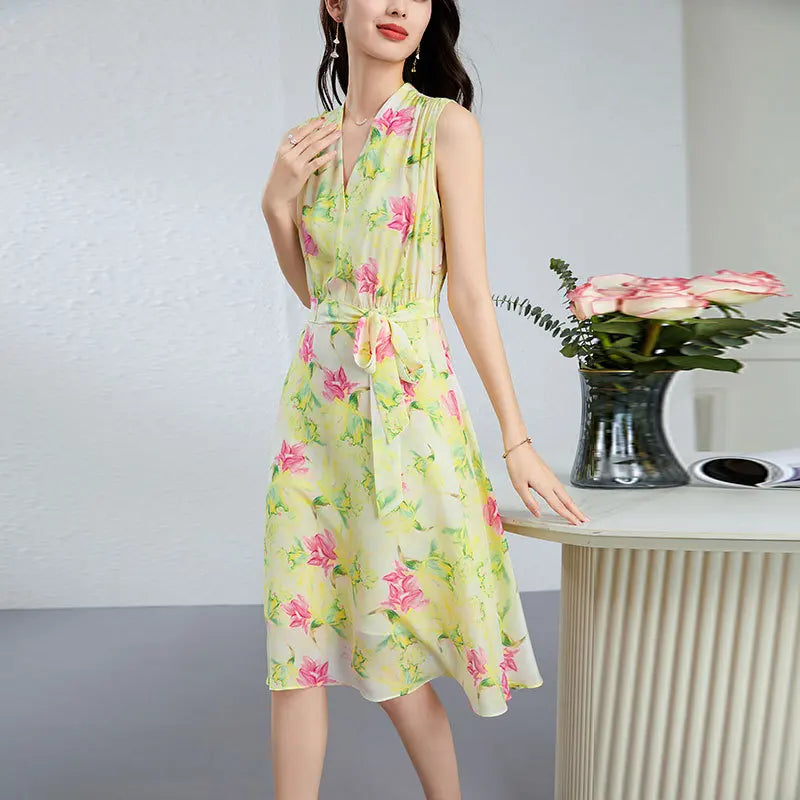 Women's Sleeveless Mulberry Silk midi dress in Magnolia in May color, featuring a fixed wrap bodice, continuous-cut framed collar, and sculptural peripheral draping. — From Borcelleclothes.