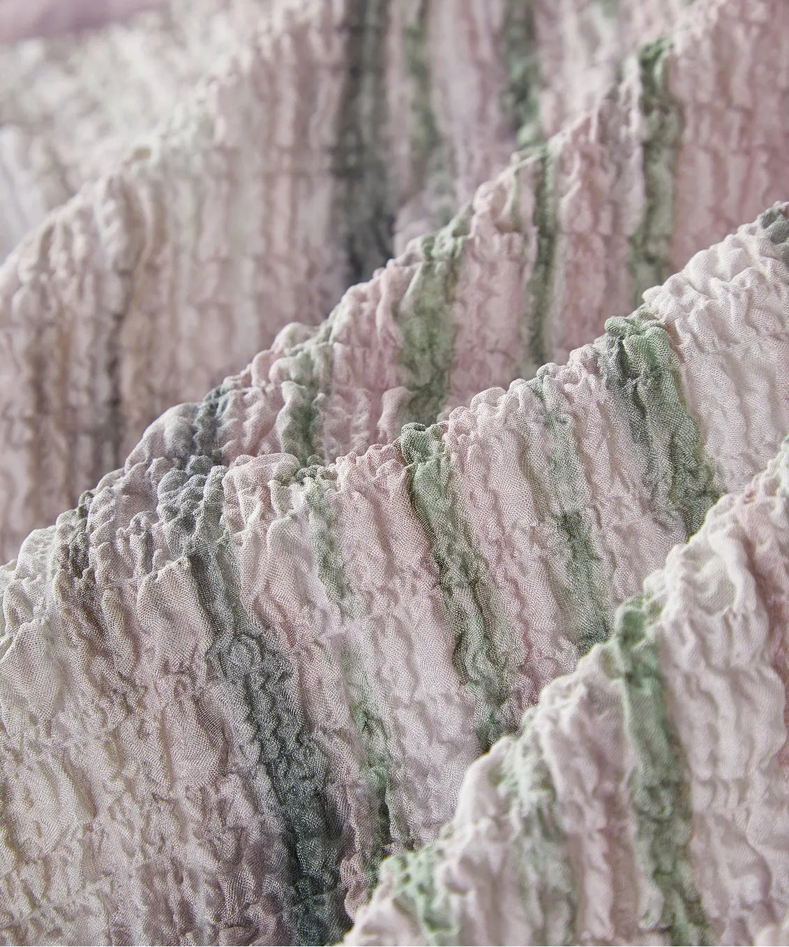 Macro detail of 3D puckered jacquard Mulberry silk texture in watercolor stripes — From Borcelleclothes.