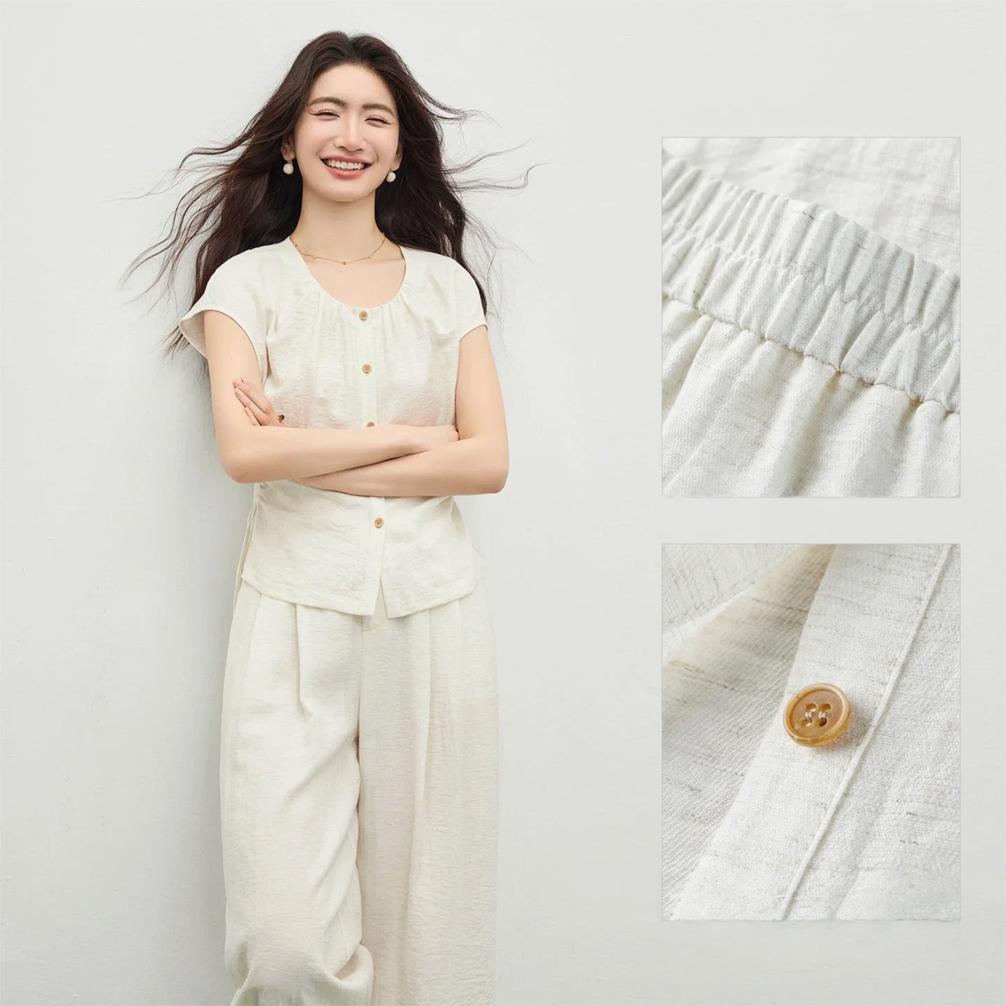 A detailed view of the contrast button and the elasticated waistband, focusing on the refined craftsmanship of the set. — From Borcelleclothes.