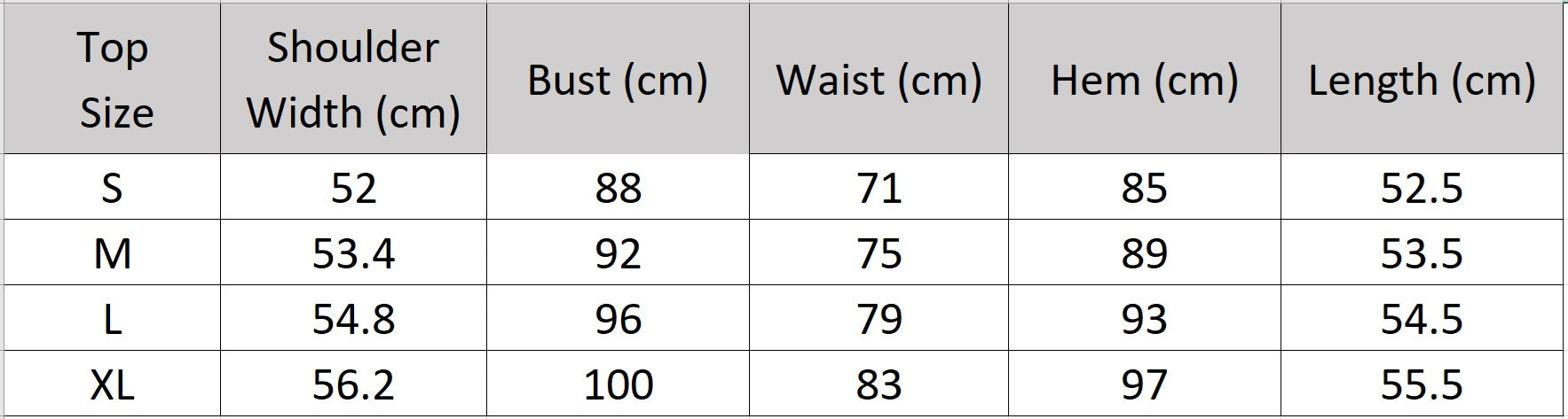 Detailed size guide and measurements for the gathered crinkled viscose top. — From Borcelleclothes.