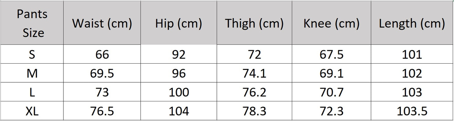 Comprehensive size chart for the wide-leg crinkled trousers. — From Borcelleclothes.