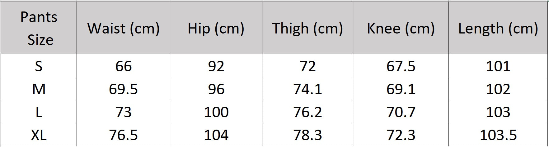 Comprehensive size chart for the wide-leg crinkled trousers. — From Borcelleclothes.