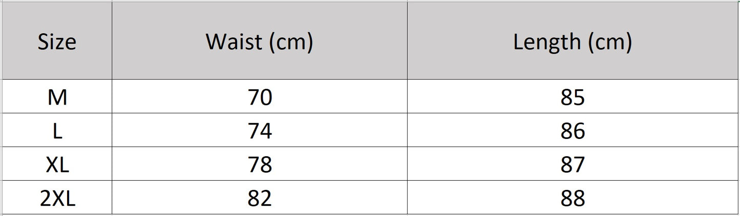 Women's size chart for a high-waisted midi skirt designed with a structured Mulberry silk jacquard foundation, a buttoned decorative front placket, and gathered side georgette panels. — From Borcelleclothes.