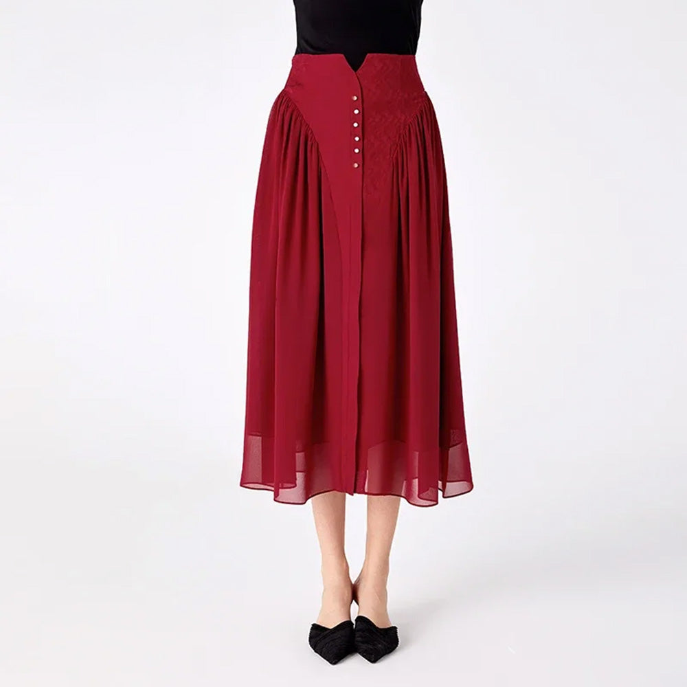 Women's high-waisted midi skirt designed with a structured Mulberry silk jacquard foundation, a buttoned decorative front placket, and gathered side georgette panels. — From Borcelleclothes.