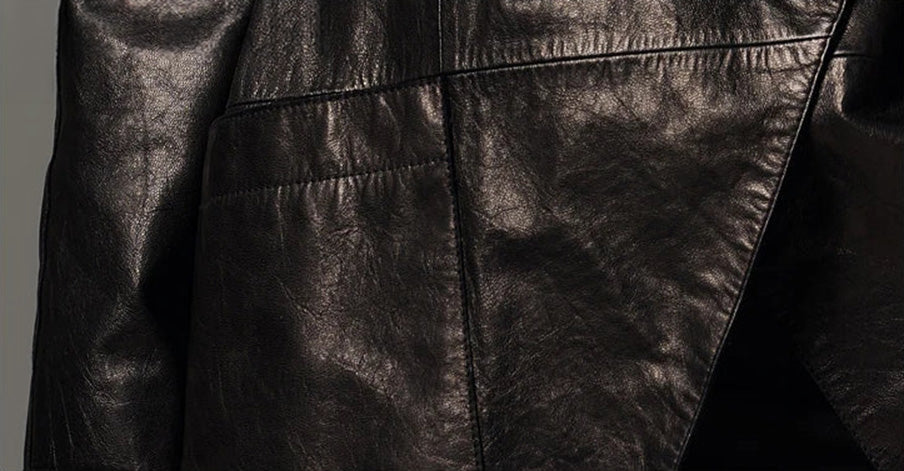 Close-up detail of the diagonally placed front patch pocket on glazed goatskin nappa leather — From Borcelleclothes.
