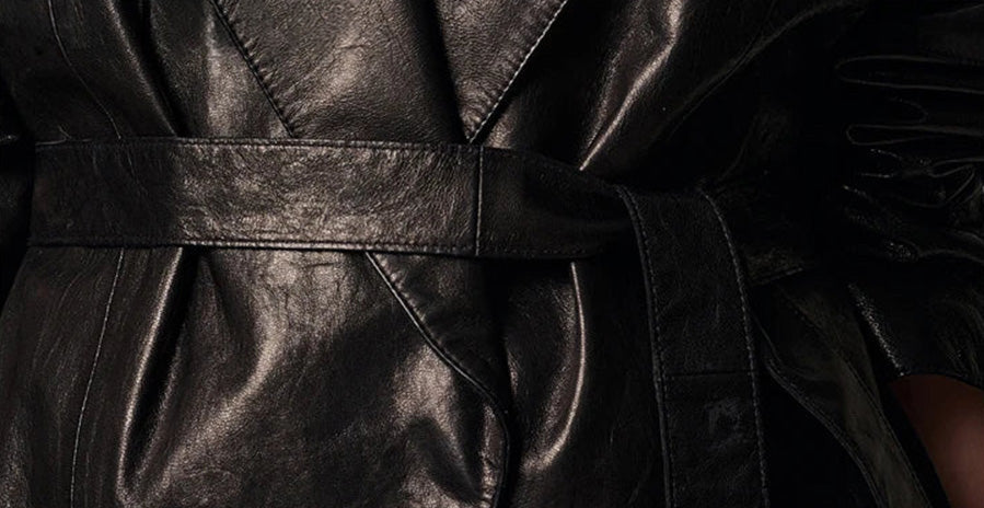 Detail of the wide self-tie leather belt knotted at the waist with belt loop construction — From Borcelleclothes.