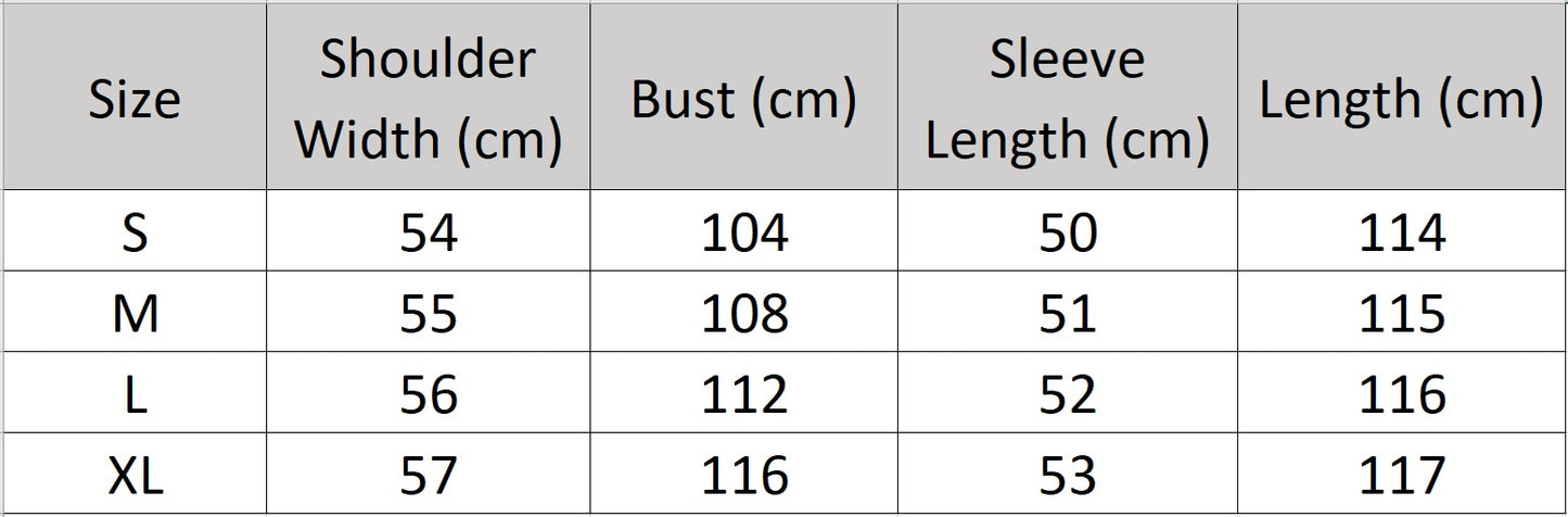 Women's size chart for a mid-calf goatskin coat with toggle closure on the diagonally arranged leather air loops; Toscana fur visible at uncut edges — From Borcelleclothes.