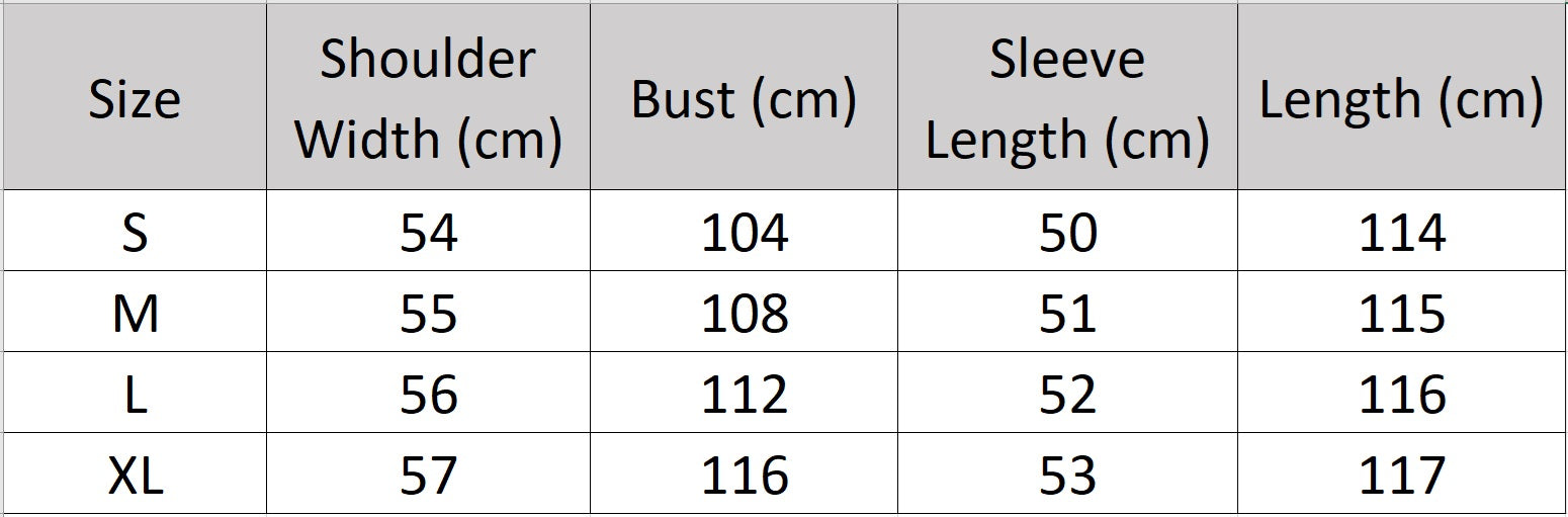 Women's size chart for a mid-calf goatskin coat with toggle closure on the diagonally arranged leather air loops; Toscana fur visible at uncut edges — From Borcelleclothes.