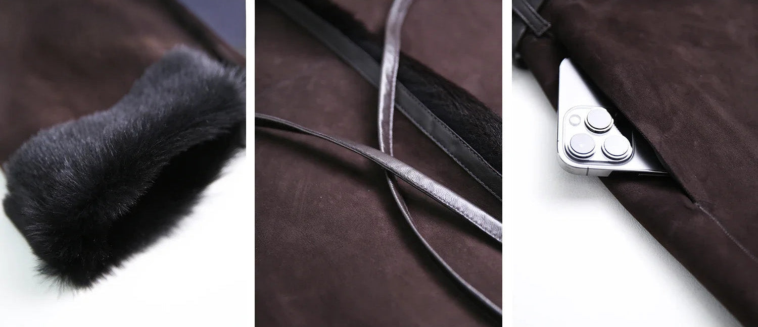 Detail collage of the Tamarind goatskin jacket’s turn-back cuff, leather belt, and side seam pocket — From Borcelleclothes.