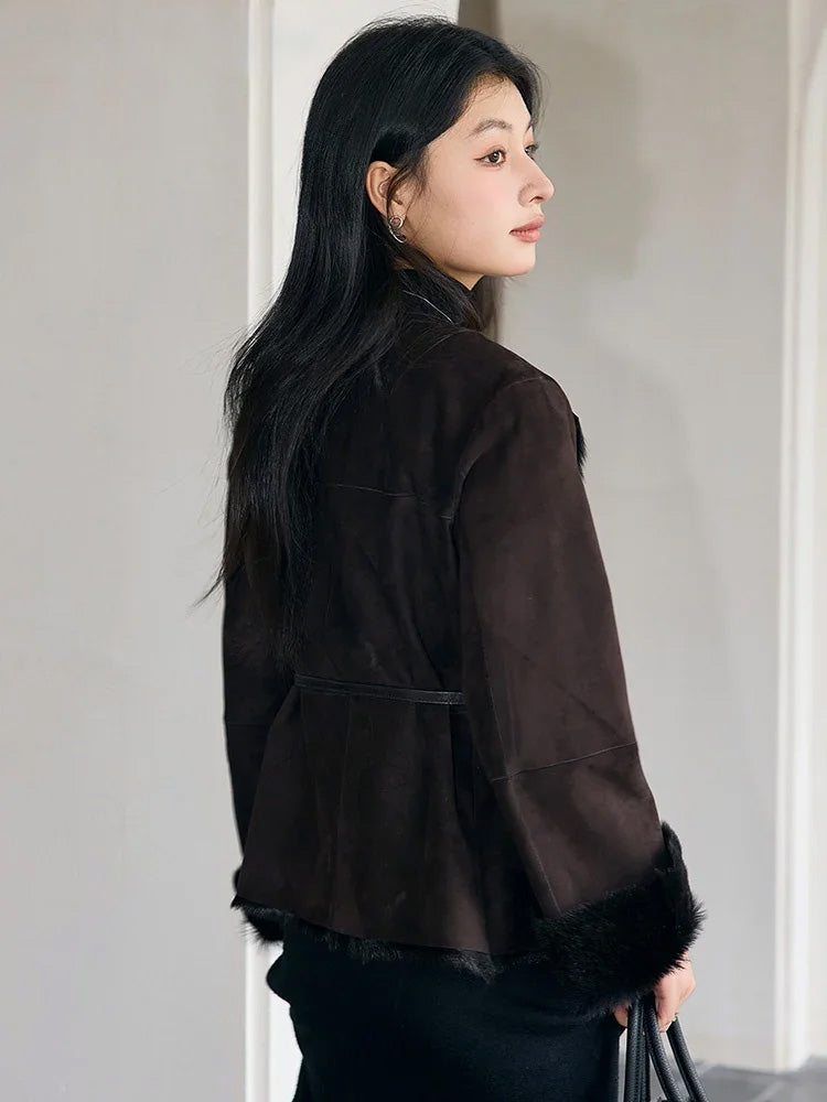 Back view of the Tamarind goatskin jacket showing full-length sleeves and tailored back yoke — From Borcelleclothes.