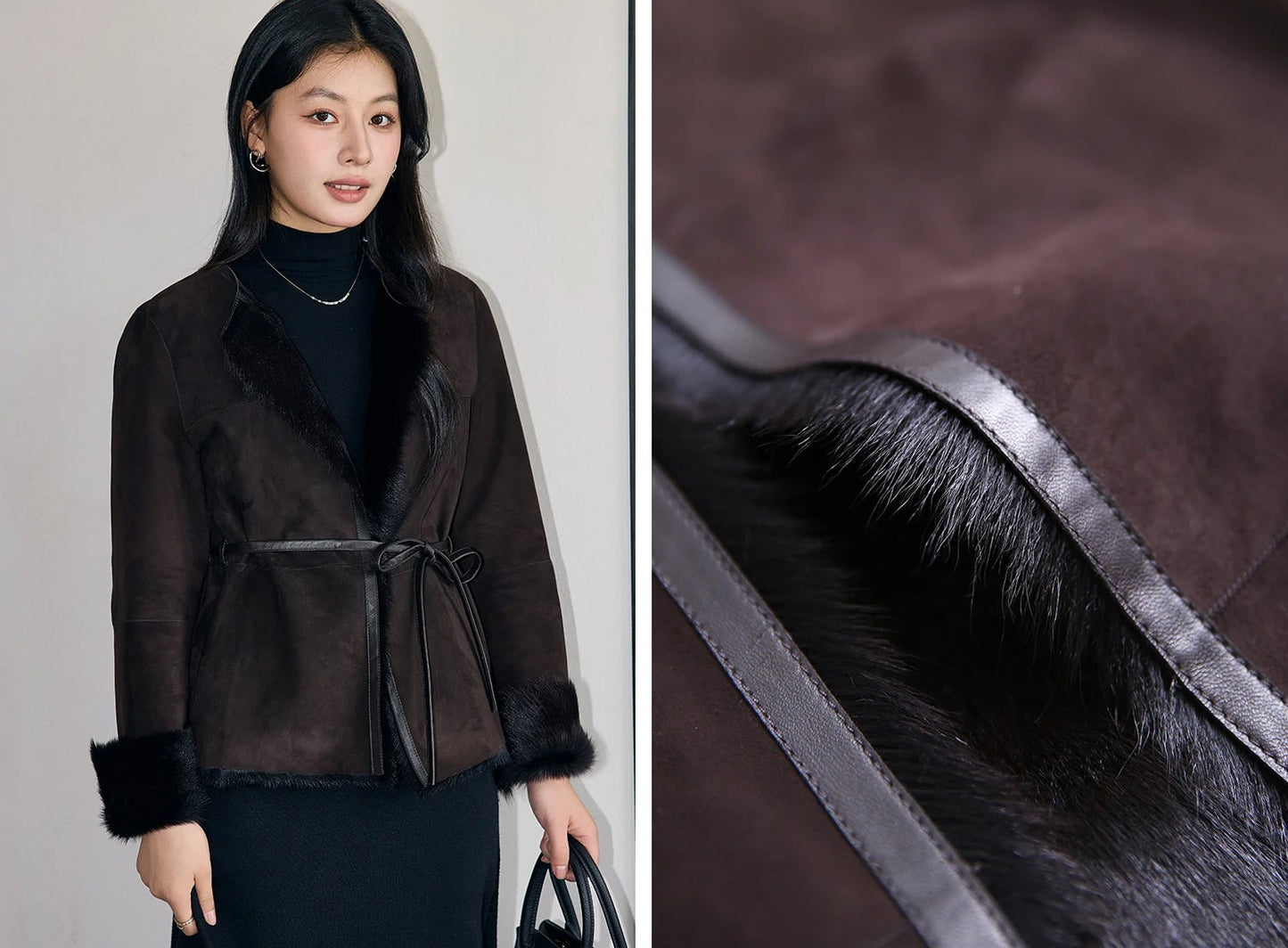 Collage showing front edge of the Tamarind goatskin jacket with contrast between suede and inner wool — From Borcelleclothes.
